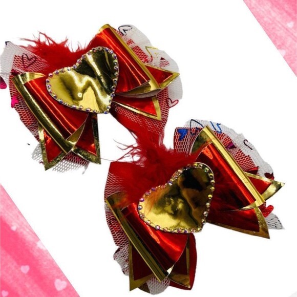 Heart Pigtail Hair Bow Clips Set for Girl Handmade - Picture 2 of 7